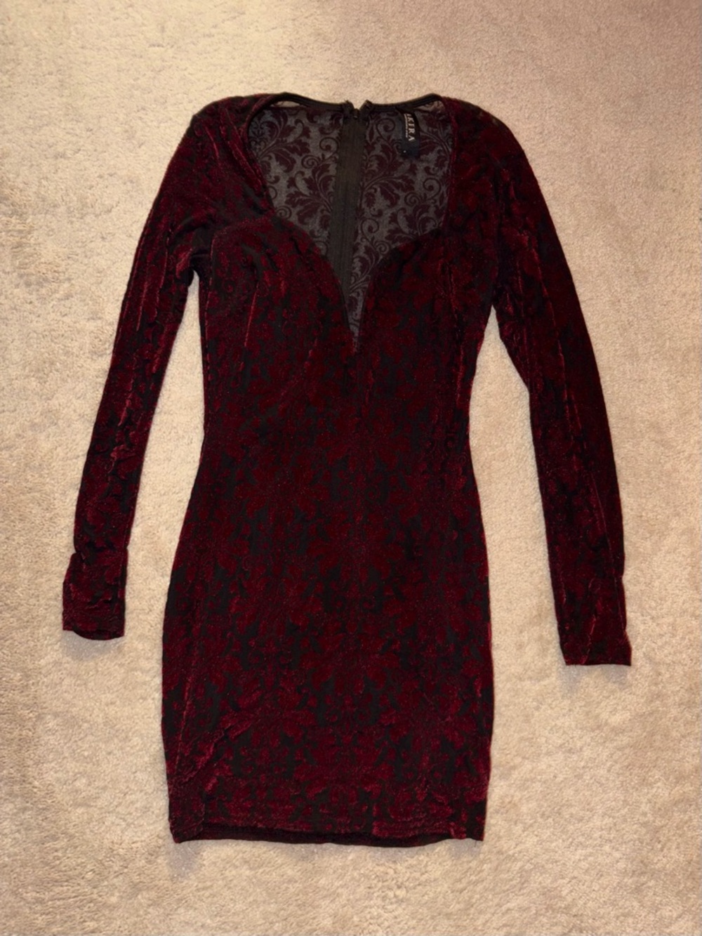 AKIRA Long Sleeve Velvet Lace-Inset Dress in Burgundy